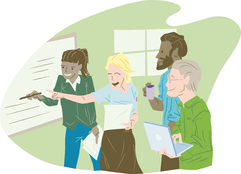 Fire personer står rundt en tavle og vurderer det som står på den.