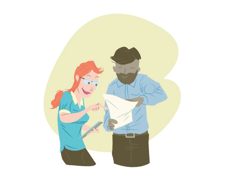 Illustrasjon av to personer som står og leser noe på et ark sammen.